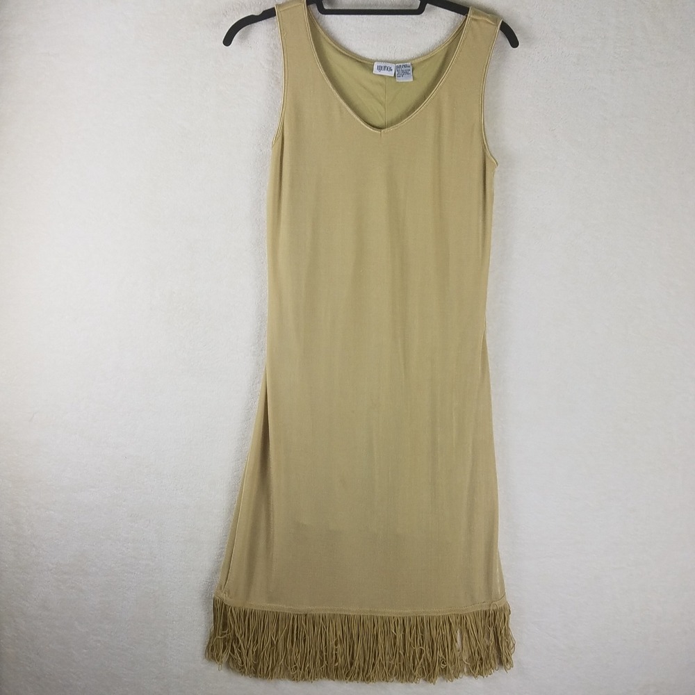 Together Gold Fringe V Neck Sleeveless slinky flapper Midi Dress Women's Size S